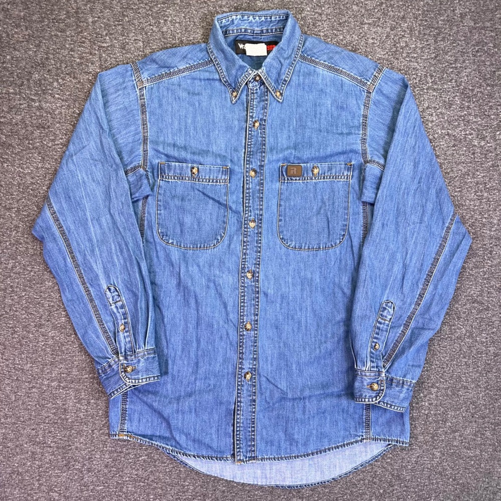 Wrangler Riggs Workwear Shirt Mens M Blue Denim Long Sleeve Button Down Western